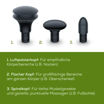 Drei Massageaufsätze der Beurer MG 79 Sensitive: Luftpolsterkopf, flacher Kopf, Spiralkopf