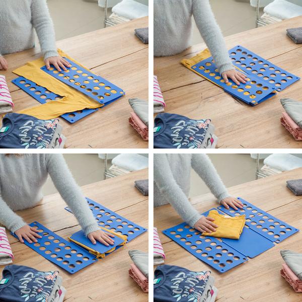 Schritt-für-Schritt-Anleitung: Kind faltet ein gelbes T-Shirt mit einem blauen Faltbrett auf einem Tisch.