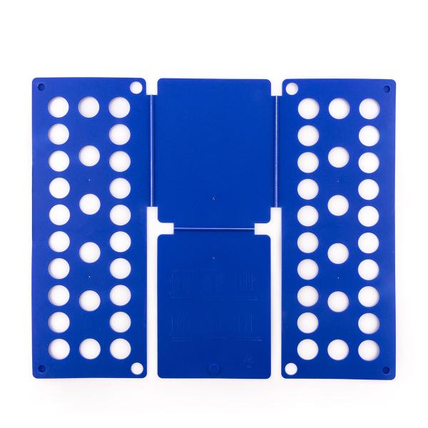 Offenes blaues Faltbrett mit runden Öffnungen, vollständig aufgeklappt auf weißem Hintergrund.