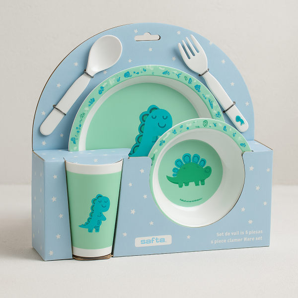 Kinder Geschirrset mit Dino-Motiv – Teller, Schüssel, Becher, Löffel und Gabel im Set. Hergestellt für kleine Abenteuer am Tisch.