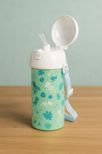 Kinder Trinkflasche mit Dino-Print in Hellgrün – mit praktischem Strohhalm und Trageband, perfekt für unterwegs.