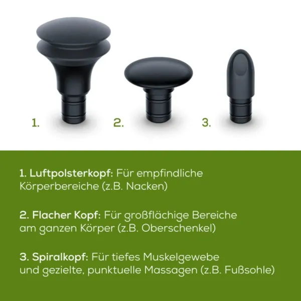 Drei Massageaufsätze der Beurer MG 79 Sensitive: Luftpolsterkopf, flacher Kopf, Spiralkopf