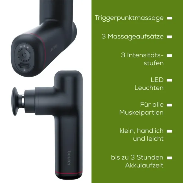 Beurer MG 79 Sensitive Massagepistole mit LED-Anzeigen und Funktionsübersicht
