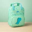 Grüner Kinderrucksack Safta Dino mit süßem Dinosaurier-Motiv und Fronttasche auf weißem Hintergrund